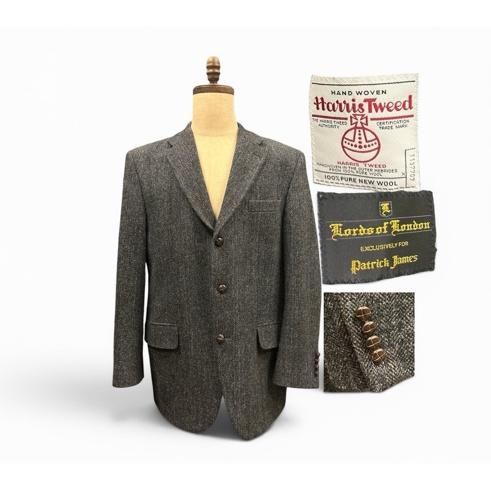 Patrick James Harris Tweed Blazer 42R Blue Gray Herringbone Wool Sport Coat EUC‎